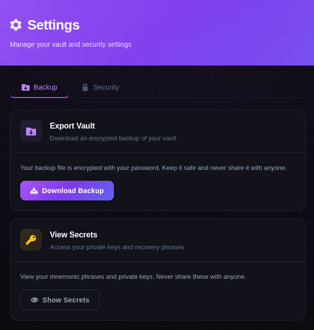 Encrypted vault backup and seed phrase recovery options