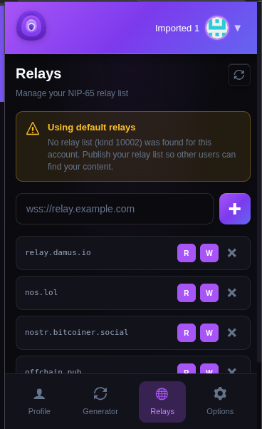 Relay management with NIP-65 read and write relay settings