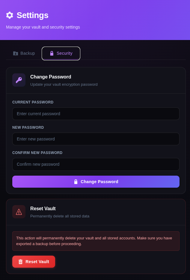 Vault password change interface for secure key protection